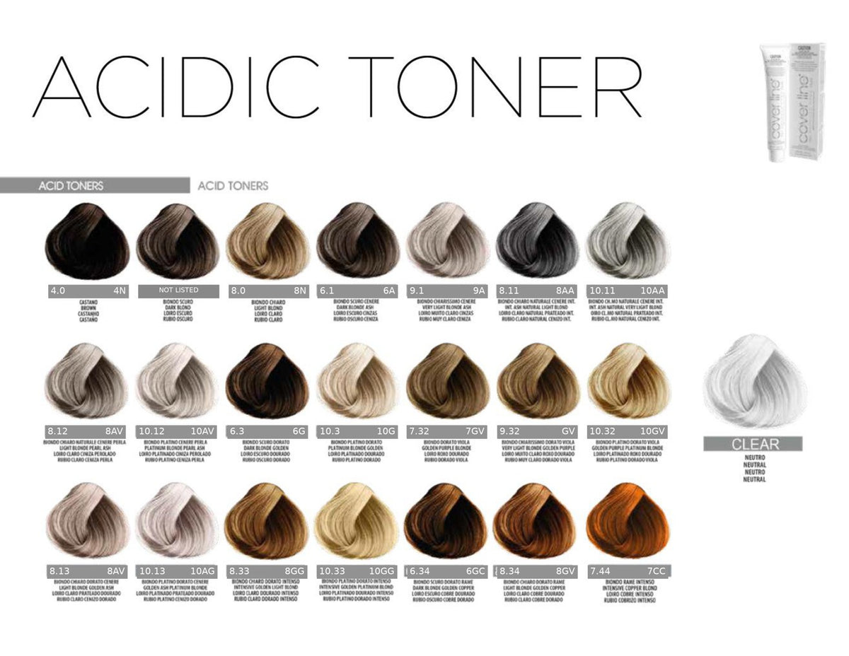 Acidic Toner shade chart showing multiple hair color options in a grid, with a small tube of product in the top right and a white swatch labeled Clear on the right side.
