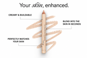 A brow pencil centered on a white background with text callouts reading 'CREAMY & BUILDABLE', 'BLEND INTO THE SKIN IN SECONDS', and 'PERFECTLY MATCHES YOUR SKIN'. The pencil is shown with a beige-brown cosmetic shade swatch behind it and the headline 'Your skin, enhanced.