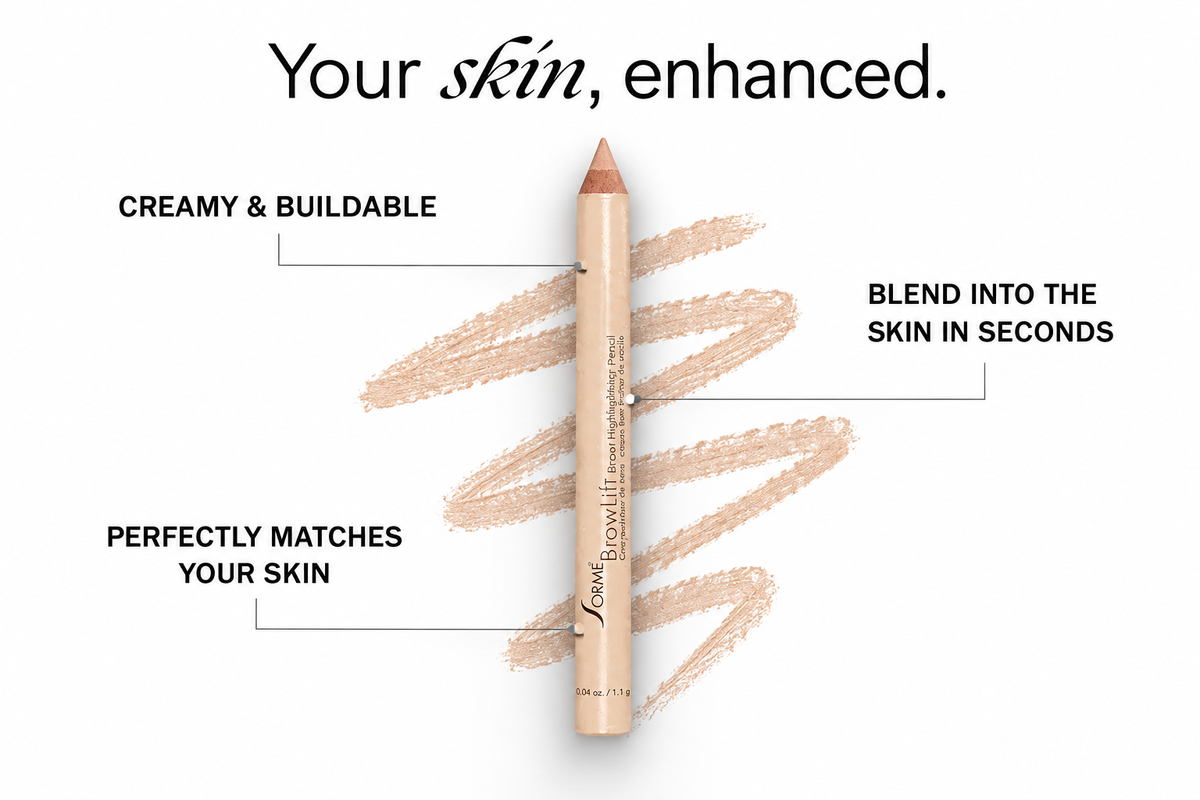 A brow pencil centered on a white background with text callouts reading 'CREAMY & BUILDABLE', 'BLEND INTO THE SKIN IN SECONDS', and 'PERFECTLY MATCHES YOUR SKIN'. The pencil is shown with a beige-brown cosmetic shade swatch behind it and the headline 'Your skin, enhanced.