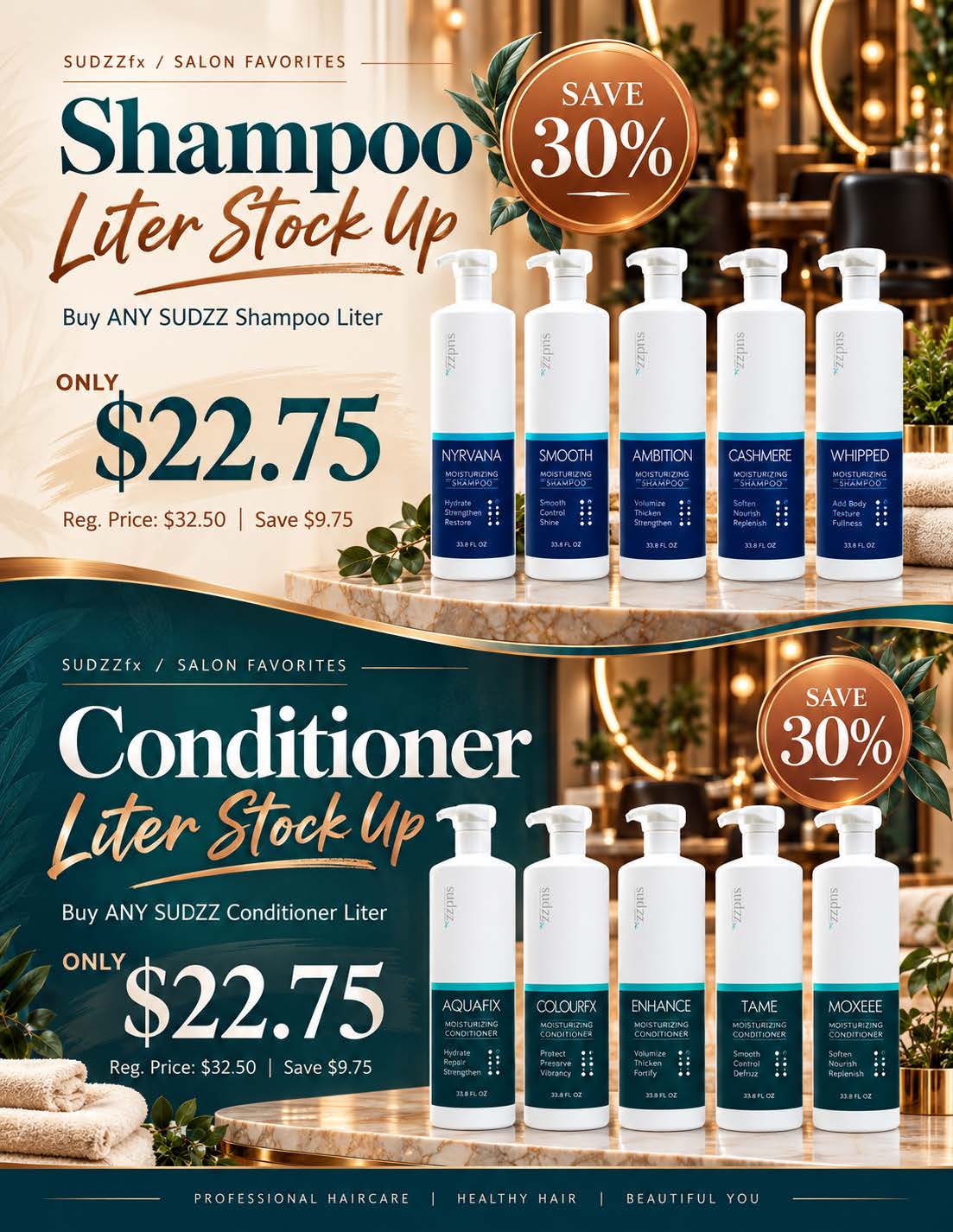 SUDZZ Shampoo and Conditioner Liter Stock